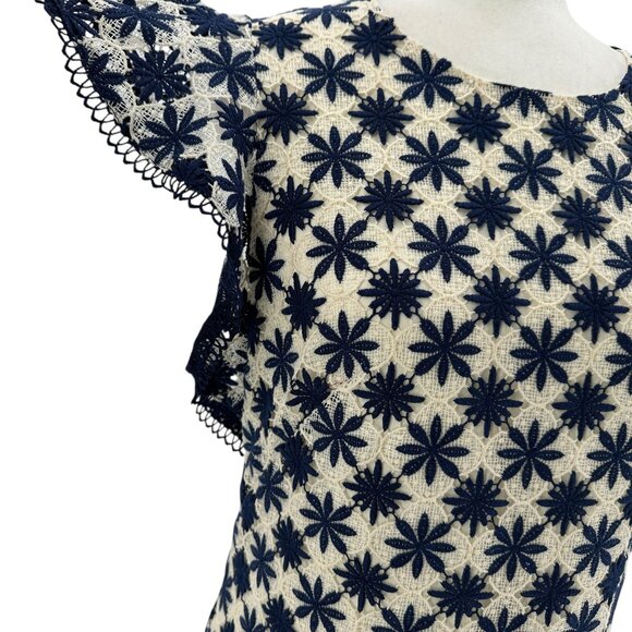 Shoshanna Womens 6 Dress Kassia Mini Embroidered Floral Lace Navy Ivory - Picture 3 of 10